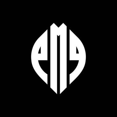 Çember ve elips şekilli PMQ daire harf logosu tasarımı. Tipografik biçimli PMQ elips harfleri. Üç baş harf daire şeklinde bir logo oluşturuyor. PMQ Çemberi Amblemi Soyut Monogram Harf İşaretleyici Vektörü.