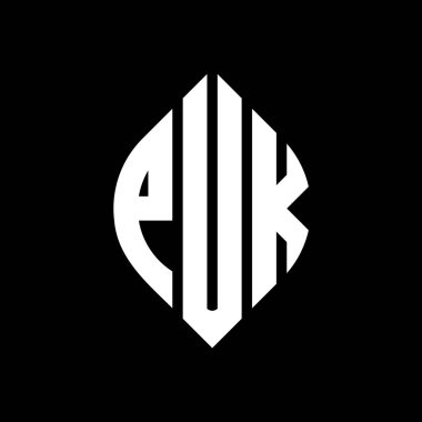 Çember ve elips şekilli PUK daire harf logosu tasarımı. Tipografik şekilli PUK elips harfleri. Üç baş harf daire şeklinde bir logo oluşturuyor. PUK Çember Amblemi Soyut Monogram Harf İşaretleyici Vektörü.
