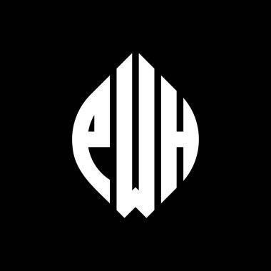Çember ve elips şekilli PWH daire harf logosu tasarımı. Tipografik biçimli PWH elips harfleri. Üç baş harf daire şeklinde bir logo oluşturuyor. PWH Çember Amblemi Soyut Monogram Harf İşaretleyici Vektörü.