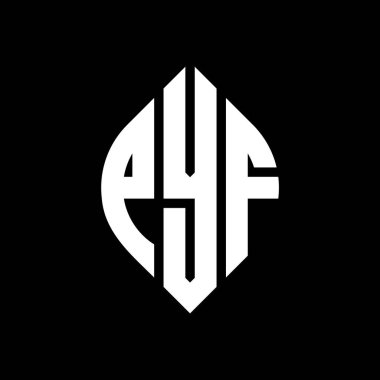 Çember ve elips şekilli PYF daire harf logosu tasarımı. Tipografik biçimli PYF elips harfleri. Üç baş harf daire şeklinde bir logo oluşturuyor. PYF Çember Amblemi Soyut Monogram Harf İşaretleyici Vektörü.