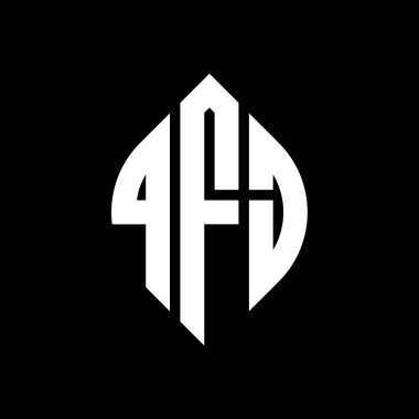 Çember ve elips şekilli QFJ daire harf logosu tasarımı. QFJ elips harfleri tipografik tarzda. Üç baş harf daire şeklinde bir logo oluşturuyor. QFJ Çember Amblemi Soyut Monogram Harf İşaretleyici Vektörü.