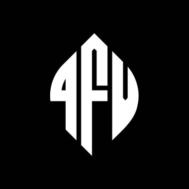 Çember ve elips şekilli QFV daire harf logosu tasarımı. Tipografik biçimli QFV elips harfleri. Üç baş harf daire şeklinde bir logo oluşturuyor. QFV Çember Amblemi Soyut Monogram Harf İşaretleyici Vektörü.