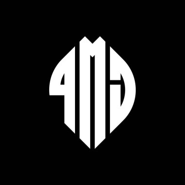 Çember ve elips şekilli QMJ daire harf logosu tasarımı. QMJ elips harfleri tipografik tarzda. Üç baş harf daire şeklinde bir logo oluşturuyor. QMJ Çember Amblemi Soyut Monogram Harf İşaretleyici Vektörü.