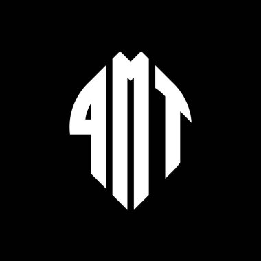 Çember ve elips şekilli QMT daire harf logosu tasarımı. Tipografik biçimli QMT elips harfleri. Üç baş harf daire şeklinde bir logo oluşturuyor. QMT Çember Amblemi Soyut Monogram Harf İşaretleyici Vektörü.