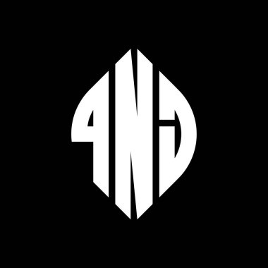 Çember ve elips şekilli QNJ daire harf logosu tasarımı. QNJ elips harfleri tipografik tarzda. Üç baş harf daire şeklinde bir logo oluşturuyor. QNJ Çember Amblemi Soyut Monogram Harf İşaretleyici Vektörü.