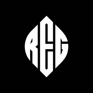 Çember ve elips şekilli REG daire harf logosu tasarımı. Tipografik şekilli REG elips harfleri. Üç baş harf daire şeklinde bir logo oluşturuyor. REG Çember Amblemi Soyut Monogram Harf İşaretleyici Vektörü.