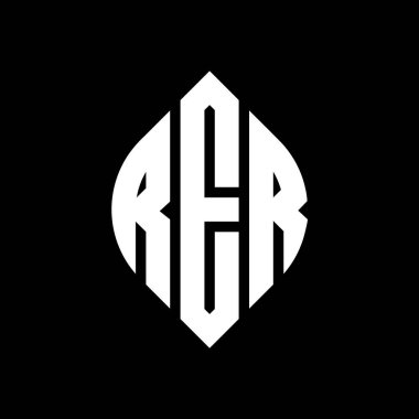 Çember ve elips şekilli RER daire harf logosu tasarımı. Typographic tarzında RER elips harfleri. Üç baş harf daire şeklinde bir logo oluşturuyor. RER Çemberi Amblemi Soyut Monogram Harf İşaretleme Vektörü.