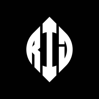 RIJ daire şeklinde ve elips şekilli harf logosu tasarımı. RIJ elips harfleri tipografik tarzda. Üç baş harf daire şeklinde bir logo oluşturuyor. RIJ Çember Amblemi Soyut Monogram Harf İşaretleme Vektörü.
