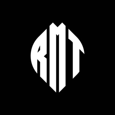 Çember ve elips şekilli RMT daire harf logosu tasarımı. Typographic tarzında RMT elips harfleri. Üç baş harf daire şeklinde bir logo oluşturuyor. RMT Çember Amblemi Soyut Monogram Harf İşaretleyici Vektörü.