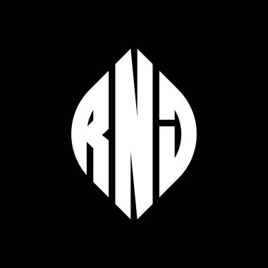 Çember ve elips şekilli RNJ daire harf logosu tasarımı. Typographic tarzında RNJ elips harfleri. Üç baş harf daire şeklinde bir logo oluşturuyor. RNJ Çember Amblemi Soyut Monogram Harf İşaretleyici Vektörü.