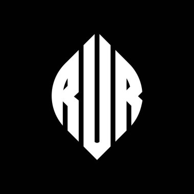 Çember ve elips şekilli RUR daire harf logosu tasarımı. Typographic biçimli RUR elips harfleri. Üç baş harf daire şeklinde bir logo oluşturuyor. RUR Çemberi Amblemi Soyut Monogram Harf İşaretleme Vektörü.