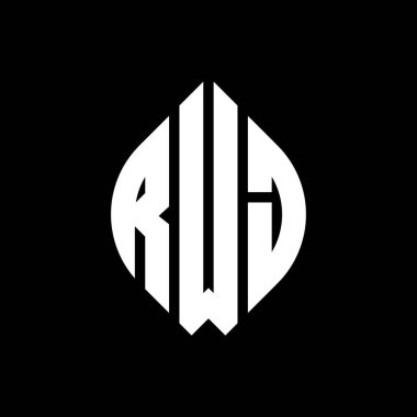 Çember ve elips şekilli RWJ daire harf logosu tasarımı. Typographic tarzında RWJ elips harfleri. Üç baş harf daire şeklinde bir logo oluşturuyor. RWJ Çember Amblemi Soyut Monogram Harf İşaretleyici Vektörü.