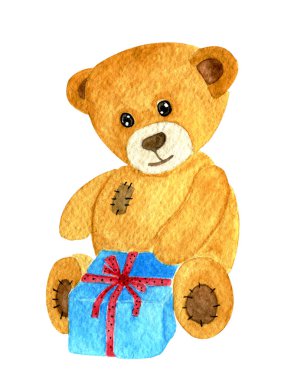 Beyaz arka planda hediye kutusu olan izole bir suluboya kahverengi oyuncak ayı..