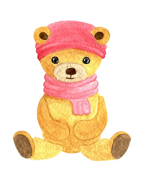 One Isolated Watercolor Brown Teddy Bear Pink Cap Pink Scarf — стоковое фото