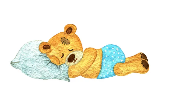 Один Ізольований Акварельний Коричневий Плюшевий Ведмідь Блакитних Шортах Спить Подушці — стокове фото