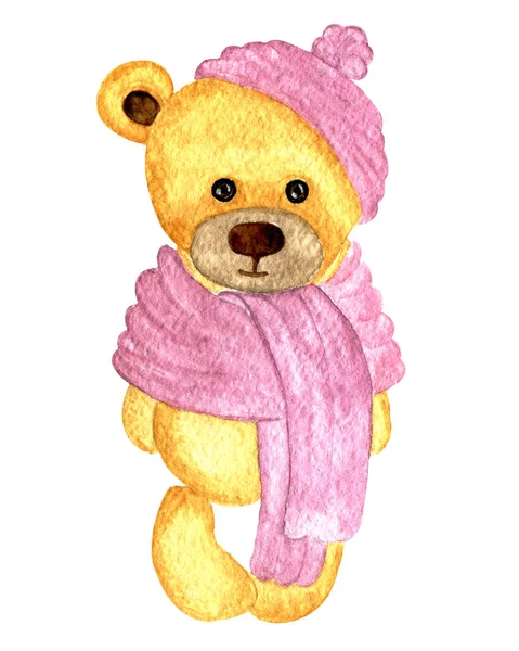 Jeden Izolovaný Akvarel Hnědý Medvídek Růžovém Klobouku Velký Růžový Šátek — Stock fotografie