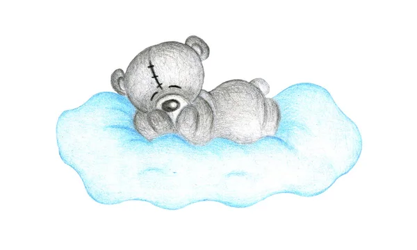 Niedlicher Aquarell Teddybär Schläft Auf Einer Blauen Wolke Ein Isoliertes — Stockfoto