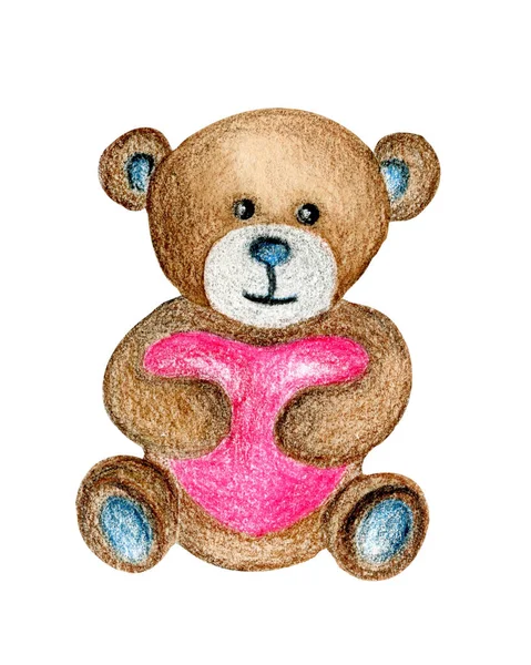 Милий Акварельний Плюшевий Ведмідь Сидить Обіймає Велике Рожеве Серце Один — стокове фото