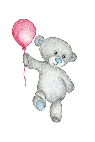 Cute Teddy Bear Flies Red Balloon — стоковое фото
