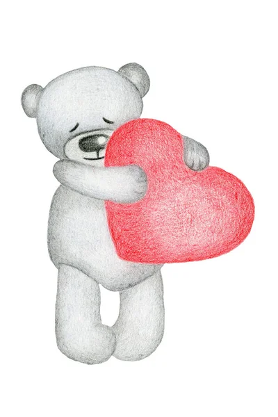 Cute Teddy Bear Hugs Big Red Heart — Foto Stock