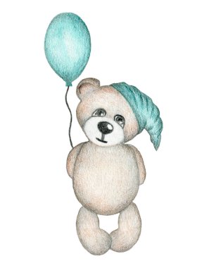 Mavi şapkalı, mavi balonlu tatlı suluboya ayıcık. Beyaz arkaplanda tek bir izole nesne.