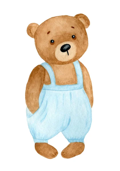 Mavi tulumlu tatlı suluboya ayıcık. Beyaz arkaplanda tek bir izole nesne.