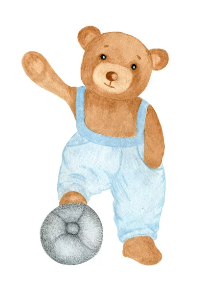 Mavi tulumlu ve toplu tatlı suluboya ayıcık. Beyaz arkaplanda tek bir izole nesne.