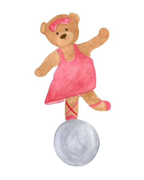 Милий Акварельний Плюшевий Ведмідь Рожевій Сукні Стоїть Ячі Один Ізольований — стокове фото