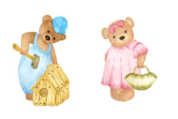 İki sevimli oyuncak ayı, karı koca ev işi yapıyorlar. beyaz arkaplanda izole edilmiş nesneler.