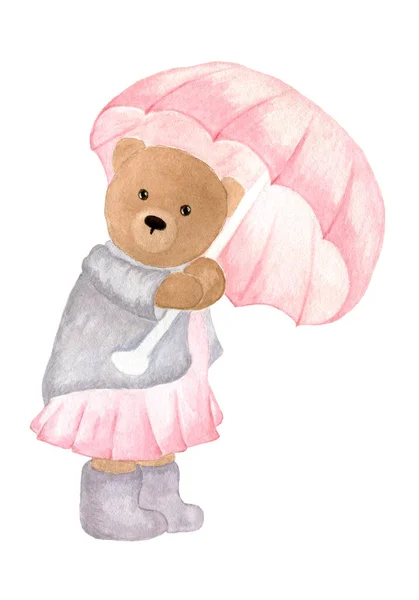 Милый Акварель Плюшевый Медведь Пальто Розовым Зонтиком Один Изолированный Объект — стоковое фото