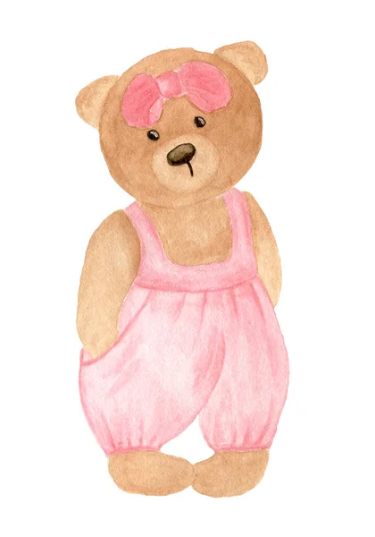 Cute Watercolor Teddy Bear Pink Jumpsuit One Isolated Object White — Stock Photo, Image