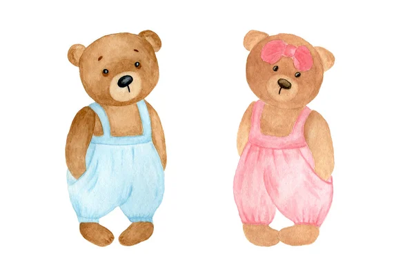 Dva Roztomilí Smutní Medvídci Akvarel Izolované Objekty Bílém Pozadí — Stock fotografie