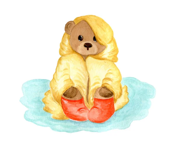 Lindo Personaje Dibujos Animados Acuarela Osito Peluche Impermeable Amarillo Sienta — Foto de Stock