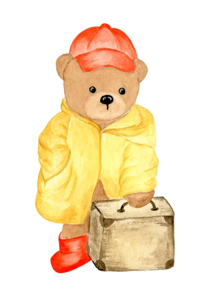 Cute Watercolor Cartoon Character Teddy Bear Yellow Raincoat Red Boots — Stock Photo, Image