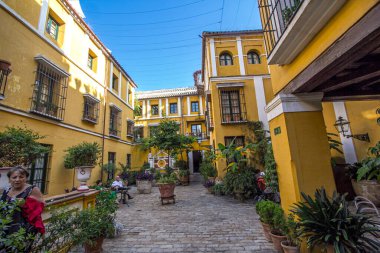 Seville, İspanya - 9 Eylül 2013 Sevilles Santa Cruz Mahallesi 'nde, Sevilles Santa Cruz Mahallesi' ne bağlı 27 geleneksel Sevillan evinden oluşan Hotel Las Casas de la Juderas Manzarası bulunmaktadır..