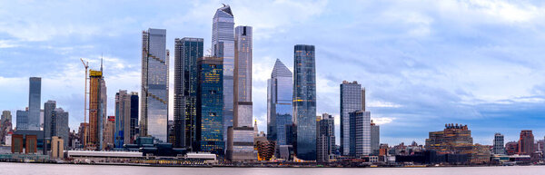 New York, NY - USA - Jan 2, 2022: Panorama of New York City's Hudson Yards, a 28-acre real estate development in the Chelsea and Hudson Yards neighborhoods of Manhattan. Built along the Hudson River.