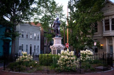 Schenectady, NY - USA - Aug 3, 2022 Horizontal view of the iconic statue of Lawrence the Indian. Erected in 1887 at the intersection of Front, Ferry, and Green Street in the Stockade Historic District