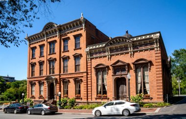 Saratoga Springs, NY - USA - Aug 3, 2022 A three quarter view of the historic Canfield Casino, located inside Congress Park. Listed on the National Register of Historic Places.
