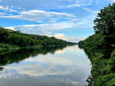 Schenectady, NY - USA - Aug 6, 2022 Landscape view on the Mohawk River, seen from the Mohawk - Hudson Bike - Hike Trail.