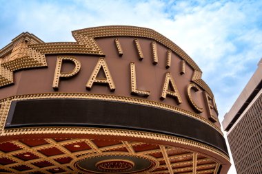 Albany, NY - USA - Aug 5, 2022 close up of the iconic marquis of the Palace Theatre, an entertainment venue in downtown Albany. The Palace Theatre was originally built as an RKO movie palace in 1931.