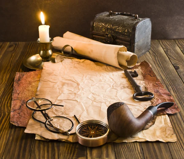 Compass, rope and glasses on old paper — Stock Photo, Image