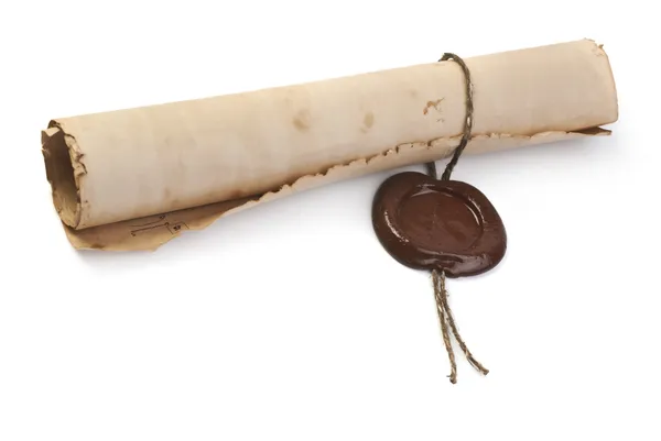 Old paper with a wax seal on a white background — Stock Photo, Image