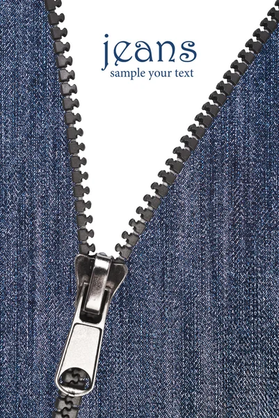 Closeup of zipper in blue jeans — Stock Photo, Image