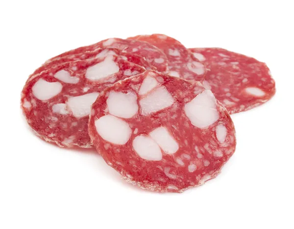 Salame fatiado isolado em branco — Fotografia de Stock