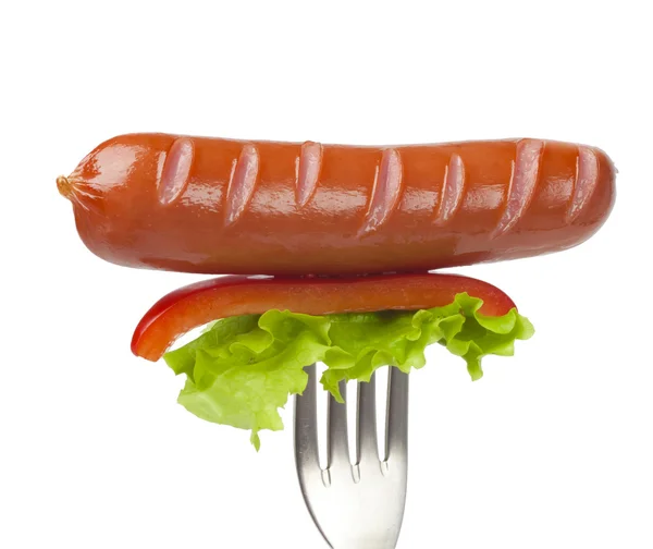 Close up of sausage and fork isolated on white background — Stock Photo, Image