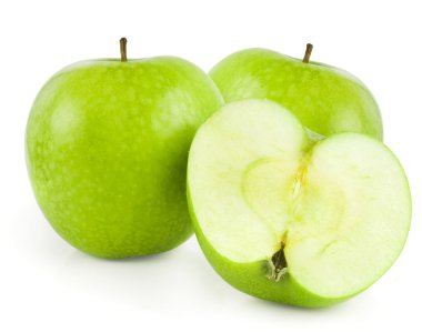 Yeşil elma meyve ve beyaz arka plan üzerinde izole apple yarısı