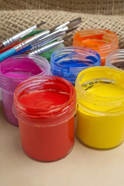 Paint buckets and brush — Stock Photo, Image