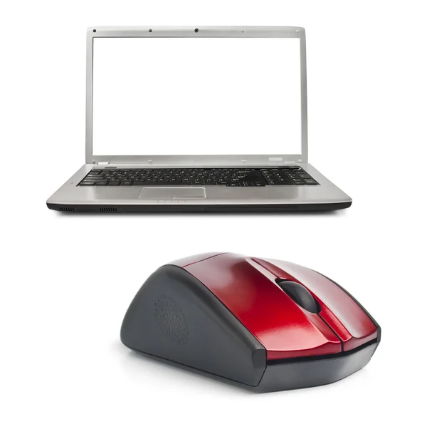 Computador mouse e notebook isolado no fundo branco — Fotografia de Stock