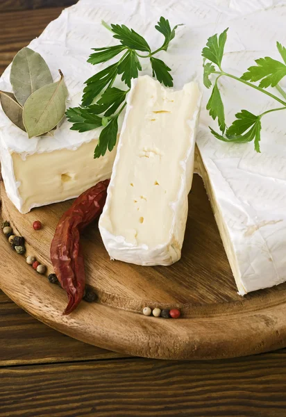 Camembert cheese slice macro shot. Shallow DOF — Stock Photo, Image