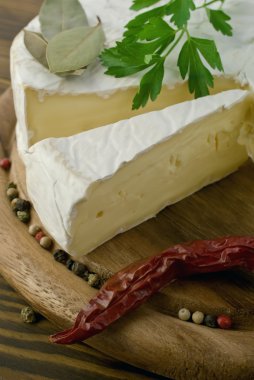 Camembert peyniri dilim makro çekim. sığ dof